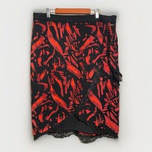 Tricot Chic Knit Skirt Front‎ Tulip Slit Lace Metal Chain US Sz 12 VTG Red Black